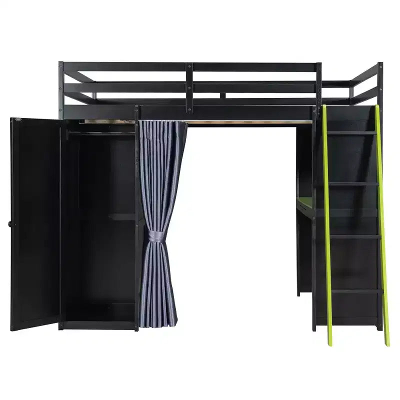 Letto a Soppalco da Gioco Full Size con Scrivania e Luci RGB, Struttura Letto a Soppalco in Legno Full con Armadio, Mensole e Tende Oscuranti