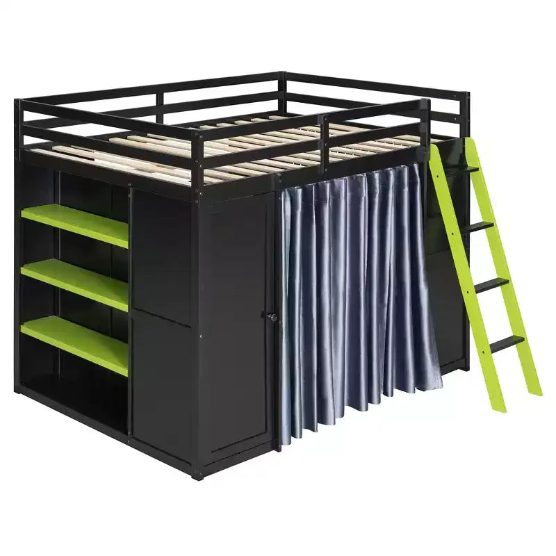 Letto a Soppalco da Gioco Full Size con Scrivania e Luci RGB, Struttura Letto a Soppalco in Legno Full con Armadio, Mensole e Tende Oscuranti