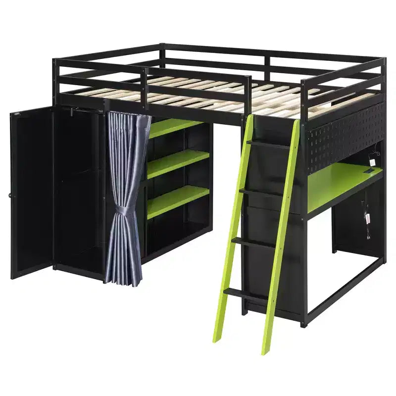 Letto a Soppalco da Gioco Full Size con Scrivania e Luci RGB, Struttura Letto a Soppalco in Legno Full con Armadio, Mensole e Tende Oscuranti