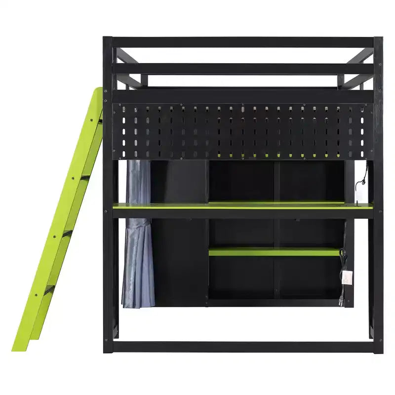 Letto a Soppalco da Gioco Full Size con Scrivania e Luci RGB, Struttura Letto a Soppalco in Legno Full con Armadio, Mensole e Tende Oscuranti