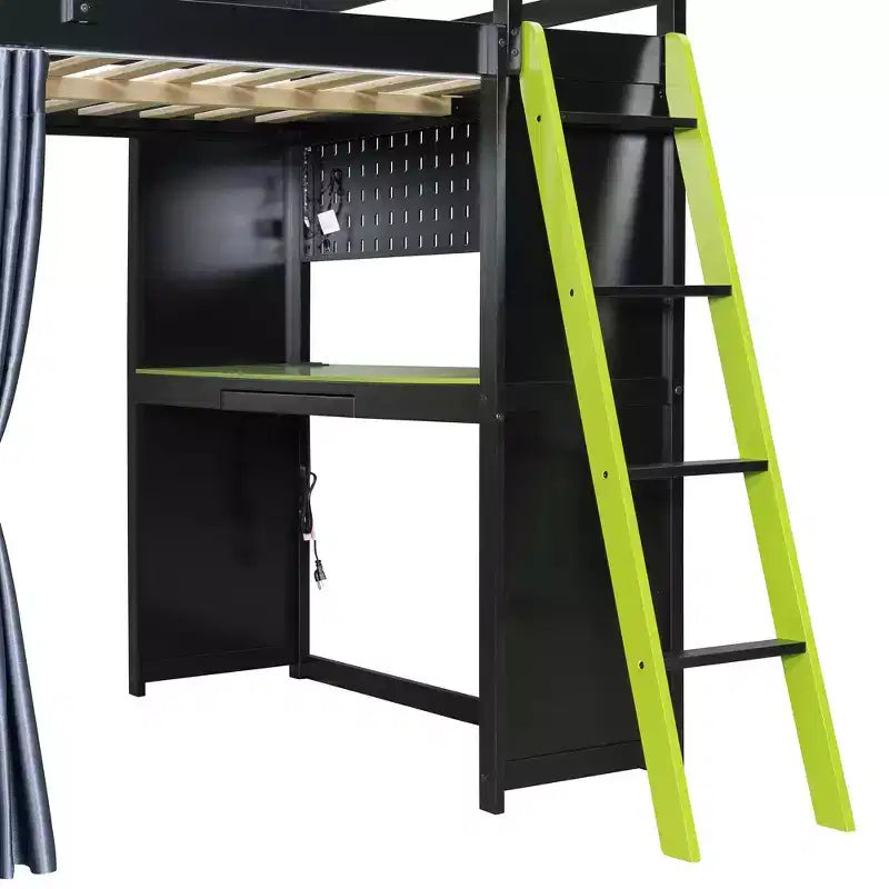 Letto a Soppalco da Gioco Full Size con Scrivania e Luci RGB, Struttura Letto a Soppalco in Legno Full con Armadio, Mensole e Tende Oscuranti