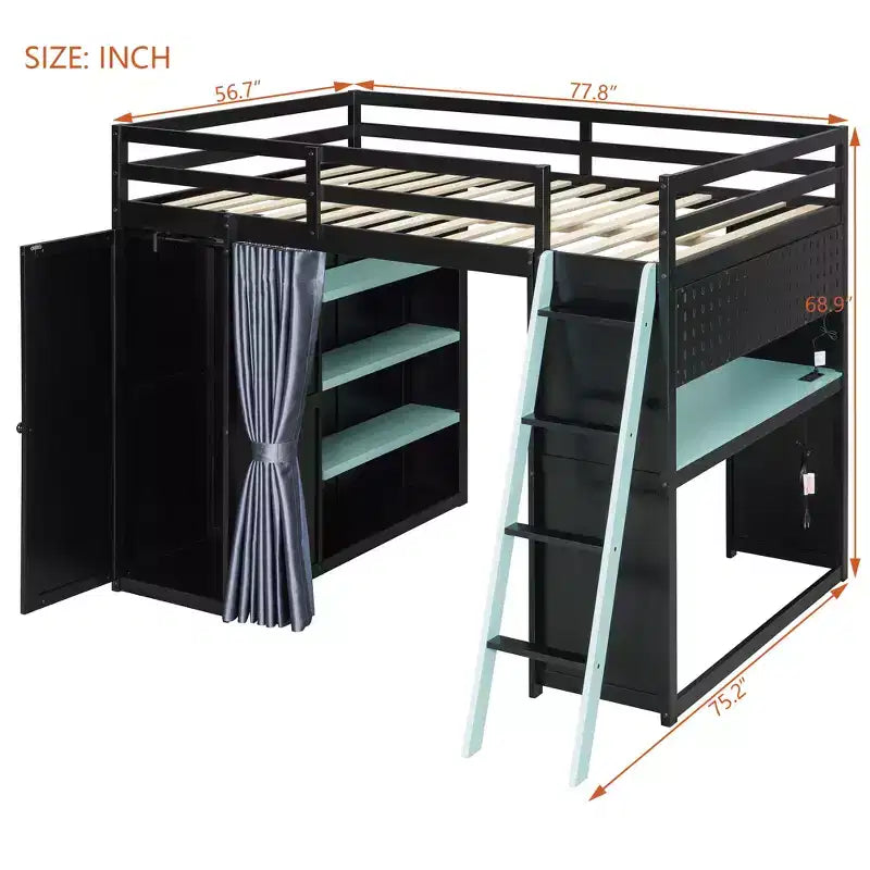 Letto a Soppalco da Gioco Full Size con Scrivania e Luci RGB, Struttura Letto a Soppalco in Legno Full con Armadio, Mensole e Tende Oscuranti