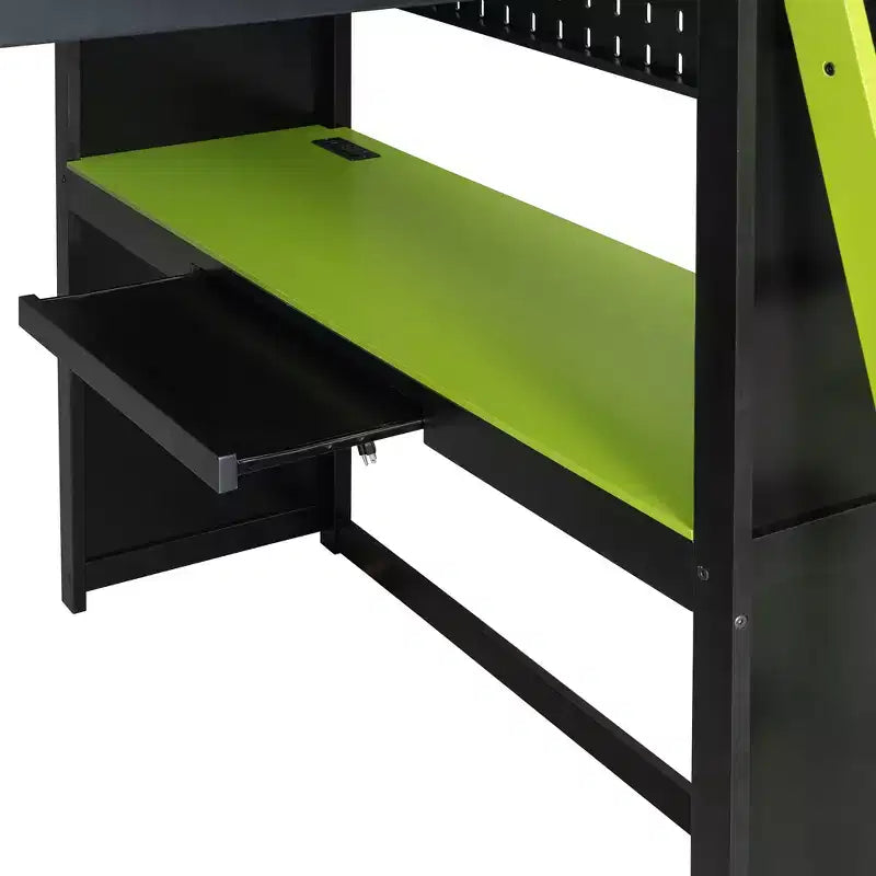 Letto a Soppalco da Gioco Full Size con Scrivania e Luci RGB, Struttura Letto a Soppalco in Legno Full con Armadio, Mensole e Tende Oscuranti