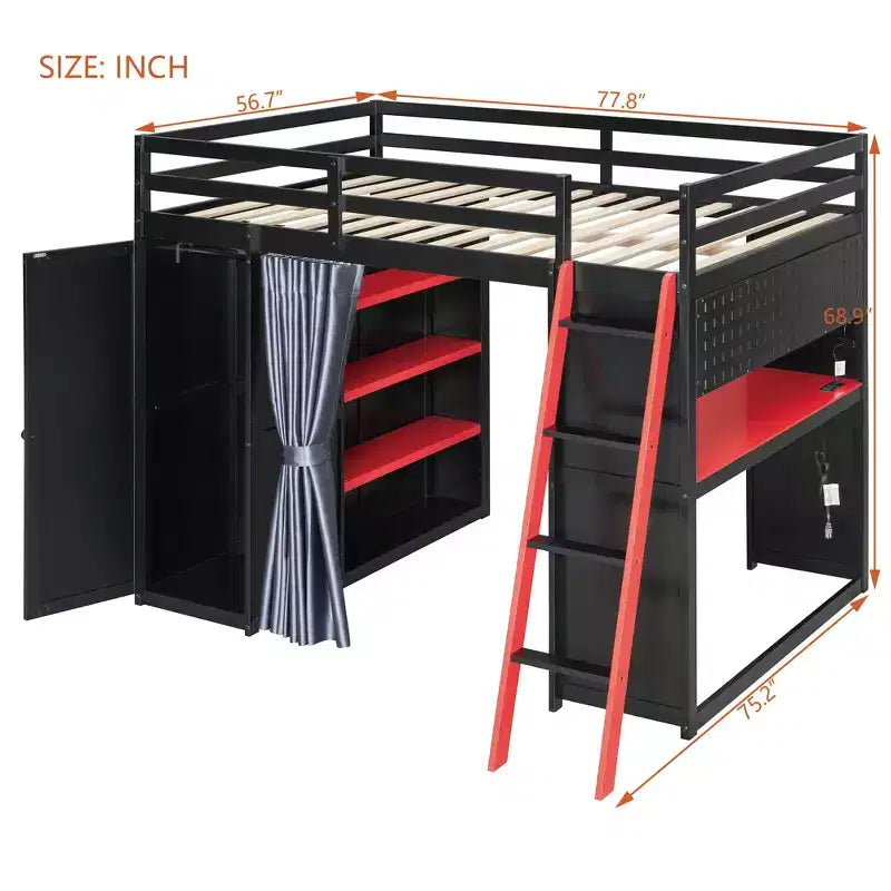 Letto a Soppalco da Gioco Full Size con Scrivania e Luci RGB, Struttura Letto a Soppalco in Legno Full con Armadio, Mensole e Tende Oscuranti