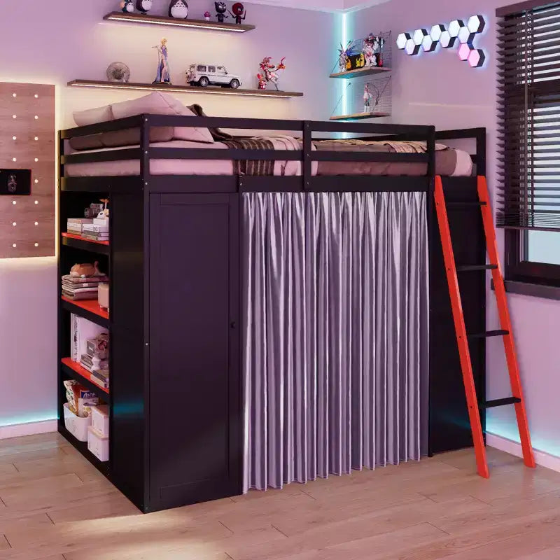 Letto a Soppalco da Gioco Full Size con Scrivania e Luci RGB, Struttura Letto a Soppalco in Legno Full con Armadio, Mensole e Tende Oscuranti