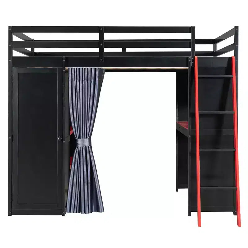 Letto a Soppalco da Gioco Full Size con Scrivania e Luci RGB, Struttura Letto a Soppalco in Legno Full con Armadio, Mensole e Tende Oscuranti