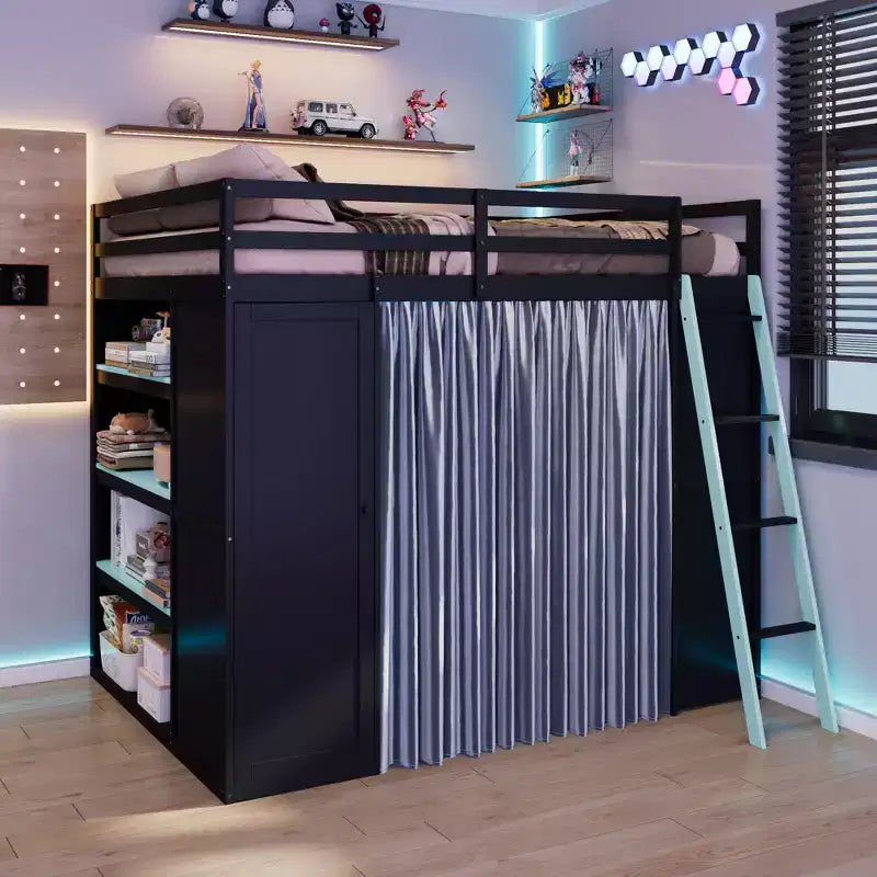 Letto a Soppalco da Gioco Full Size con Scrivania e Luci RGB, Struttura Letto a Soppalco in Legno Full con Armadio, Mensole e Tende Oscuranti