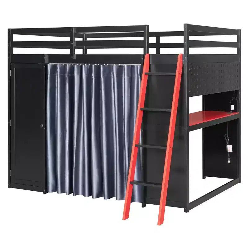 Letto a Soppalco da Gioco Full Size con Scrivania e Luci RGB, Struttura Letto a Soppalco in Legno Full con Armadio, Mensole e Tende Oscuranti