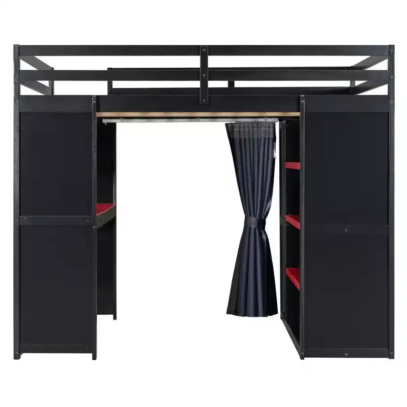 Letto a Soppalco da Gioco Full Size con Scrivania e Luci RGB, Struttura Letto a Soppalco in Legno Full con Armadio, Mensole e Tende Oscuranti