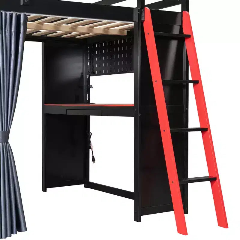 Letto a Soppalco da Gioco Full Size con Scrivania e Luci RGB, Struttura Letto a Soppalco in Legno Full con Armadio, Mensole e Tende Oscuranti