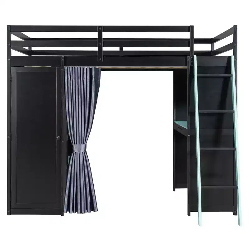 Letto a Soppalco da Gioco Full Size con Scrivania e Luci RGB, Struttura Letto a Soppalco in Legno Full con Armadio, Mensole e Tende Oscuranti