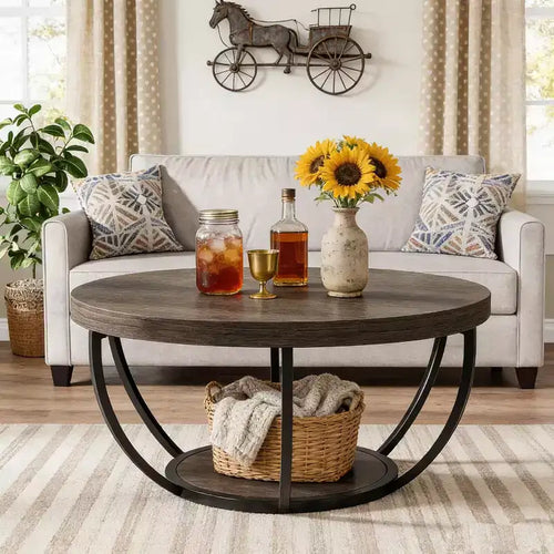 Lantine 32-Inch Round Coffee Table, Farmhouse 2-Tier Wood Center Table with Storage Open Shelves for Living Room, Gray