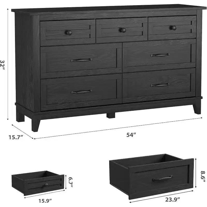 Cassettiera da camera da letto, 7 cassetti, larghezza 137 cm, cassettiera con contenitore autoportante, comò in legno per soggiorno, camera da letto, ingresso, nero
