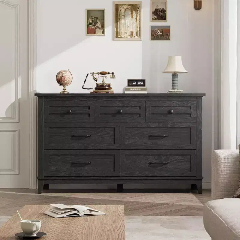 Cassettiera da camera da letto, 7 cassetti, larghezza 137 cm, cassettiera con contenitore autoportante, comò in legno per soggiorno, camera da letto, ingresso, nero