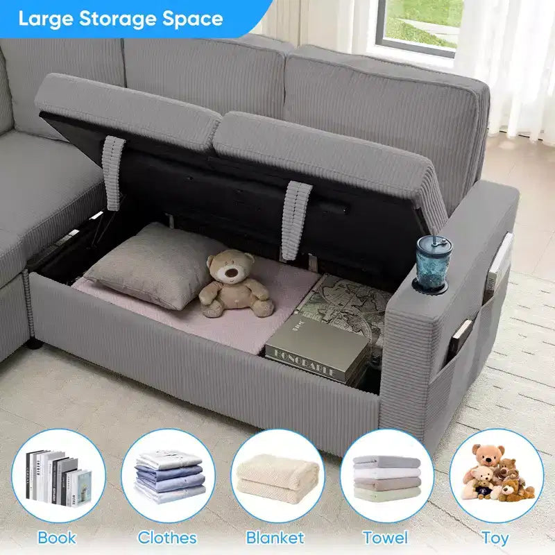 Divano componibile trasformabile Mjkone con letto estraibile, divano letto componibile a L a 5 posti con vano contenitore