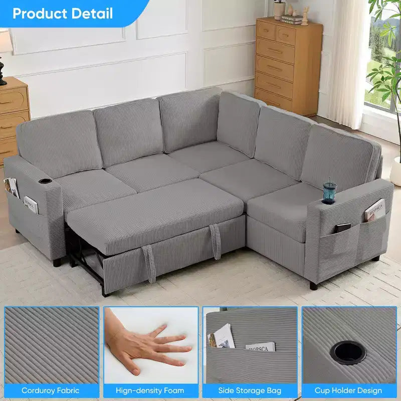 Divano componibile trasformabile Mjkone con letto estraibile, divano letto componibile a L a 5 posti con vano contenitore