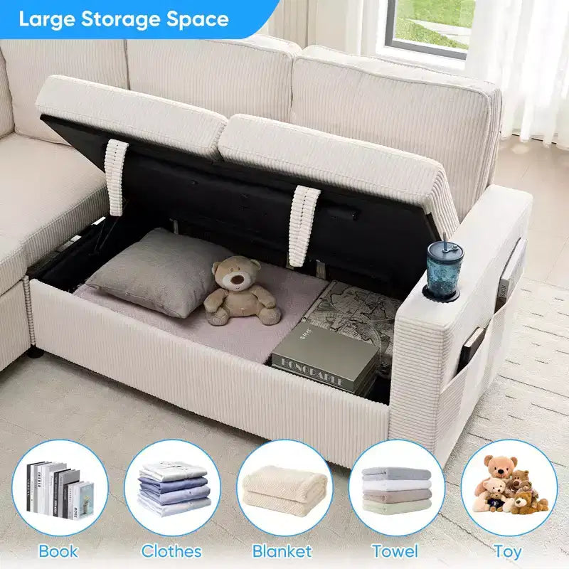 Divano componibile trasformabile Mjkone con letto estraibile, divano letto componibile a L a 5 posti con vano contenitore