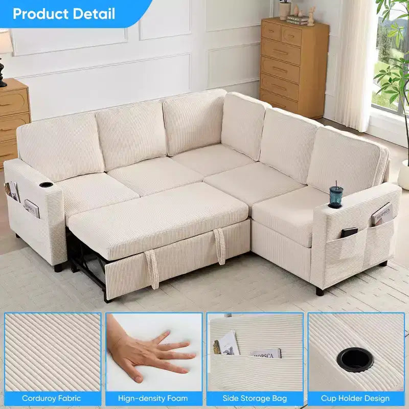 Divano componibile trasformabile Mjkone con letto estraibile, divano letto componibile a L a 5 posti con vano contenitore