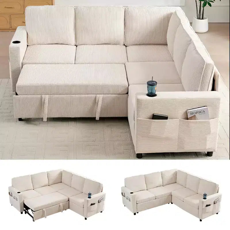 Mjkone Convertible Modular bunk combination sofa with pull out bed,L-shaped 5-seat Sectional Sleeper Sofa Bed with Storage seat