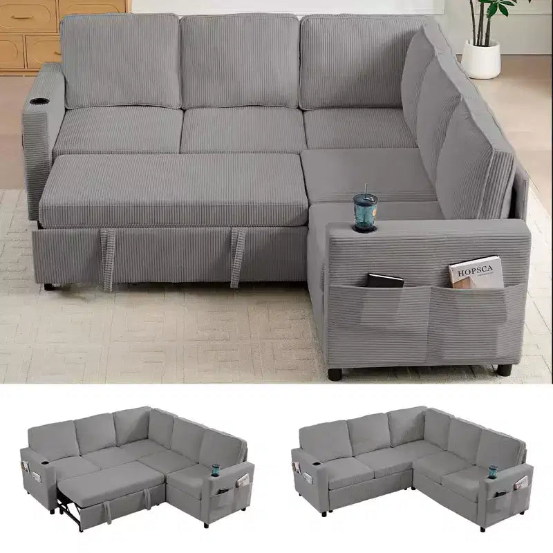Divano componibile trasformabile Mjkone con letto estraibile, divano letto componibile a L a 5 posti con vano contenitore