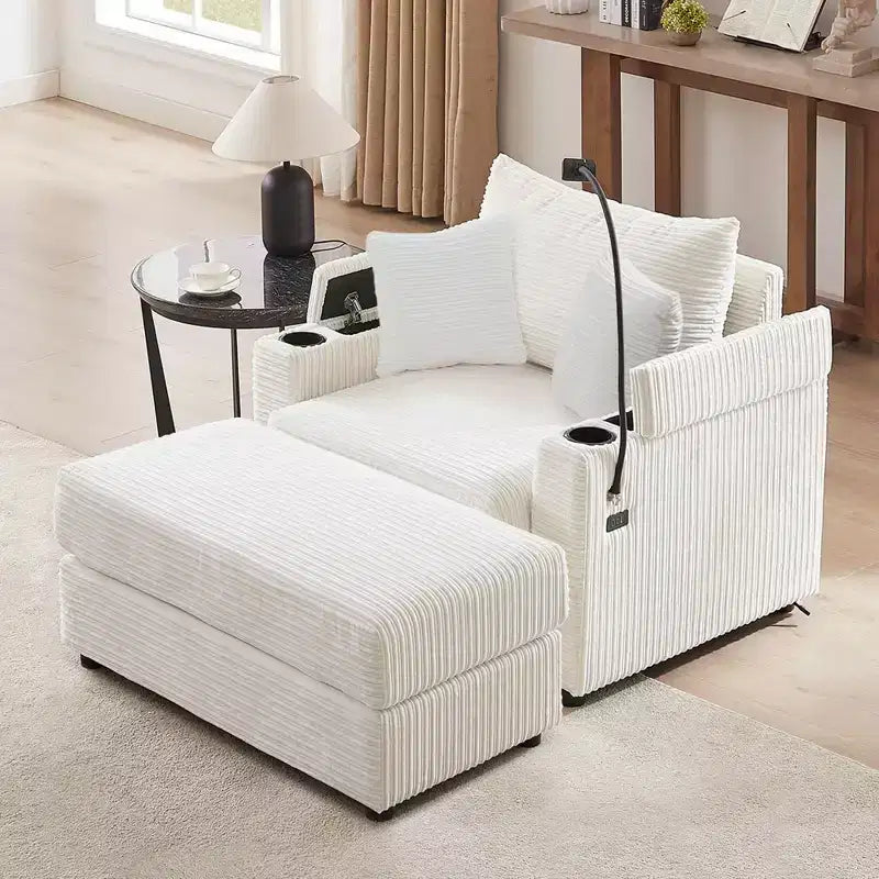 41.7 Divano singolo moderno con pouf contenitore, due porte e supporto per soggiorno beige