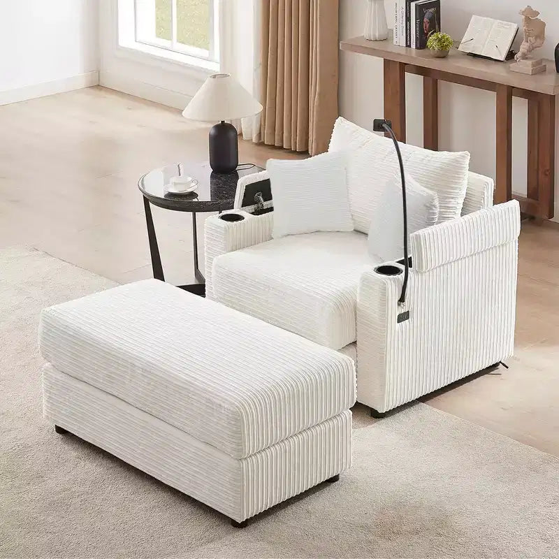 41.7 Divano singolo moderno con pouf contenitore, due porte e supporto per soggiorno beige
