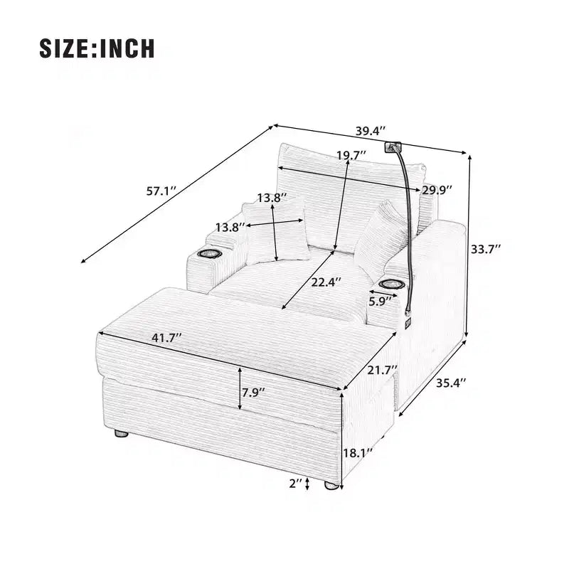 41.7 Divano singolo moderno con pouf contenitore, due porte e supporto per soggiorno beige