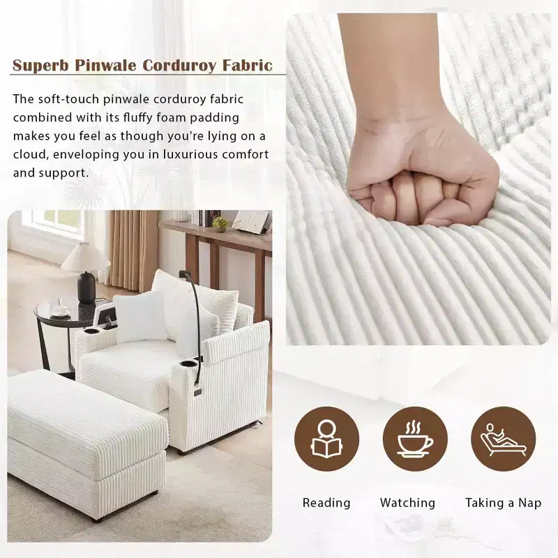 41.7 Divano singolo moderno con pouf contenitore, due porte e supporto per soggiorno beige