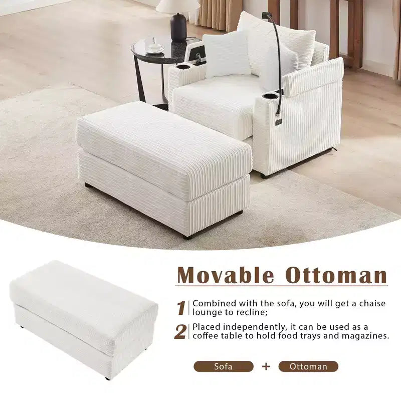 41.7 Divano singolo moderno con pouf contenitore, due porte e supporto per soggiorno beige
