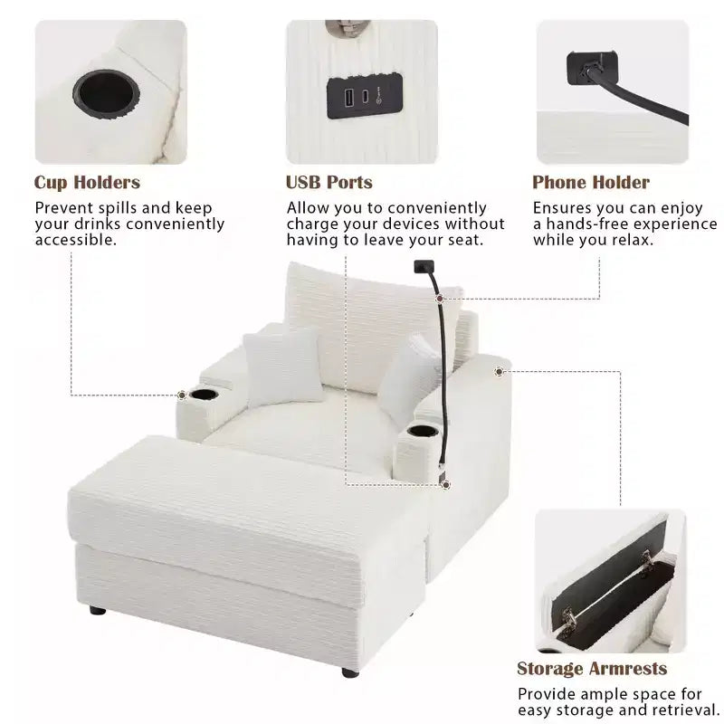 41.7 Divano singolo moderno con pouf contenitore, due porte e supporto per soggiorno beige