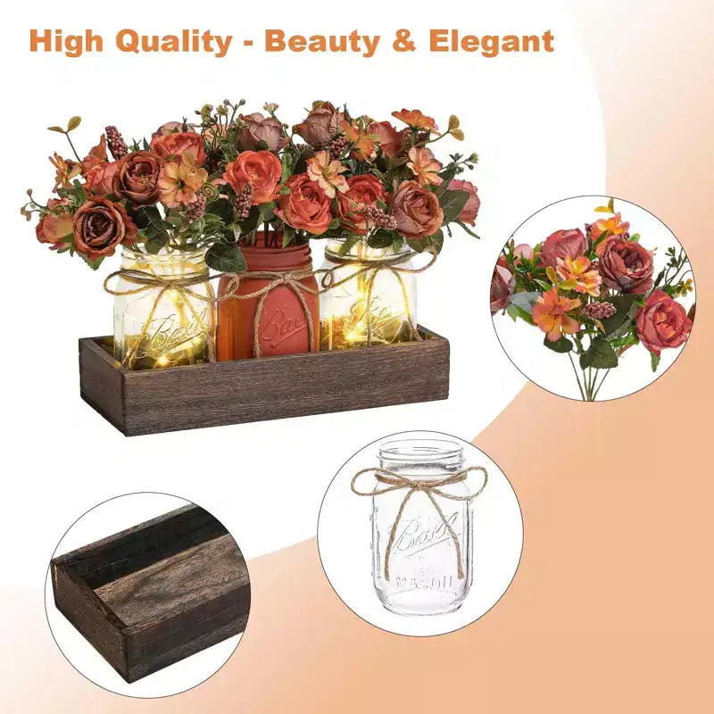 Centrotavola Decorazioni Barattoli Mason - 3 Pezzi Arredo Rustico Primaverile con Fiori Finti Blu, Vassoio in Legno e Luci con Timer, Decorazioni da Tavolo con Fiori Artificiali
