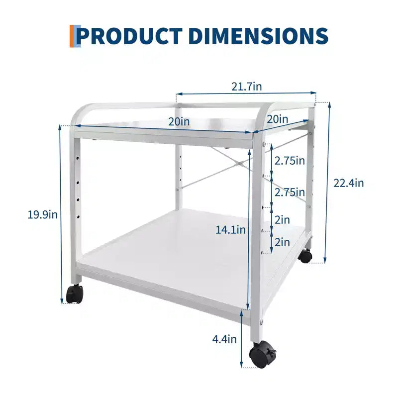Supporto per stampante sotto scrivania, supporto per stampante a 2 livelli con ripiano portaoggetti regolabile in altezza, carrello per stampante profondo e grande da 20" con ruote per l'home office
