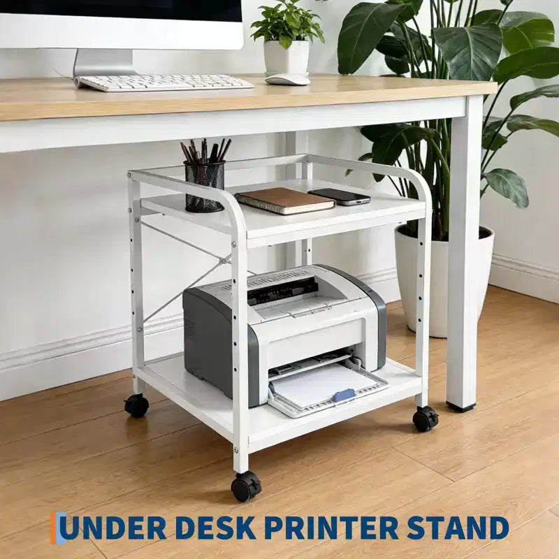 Supporto per stampante sotto scrivania, supporto per stampante a 2 livelli con ripiano portaoggetti regolabile in altezza, carrello per stampante profondo e grande da 20" con ruote per l'home office