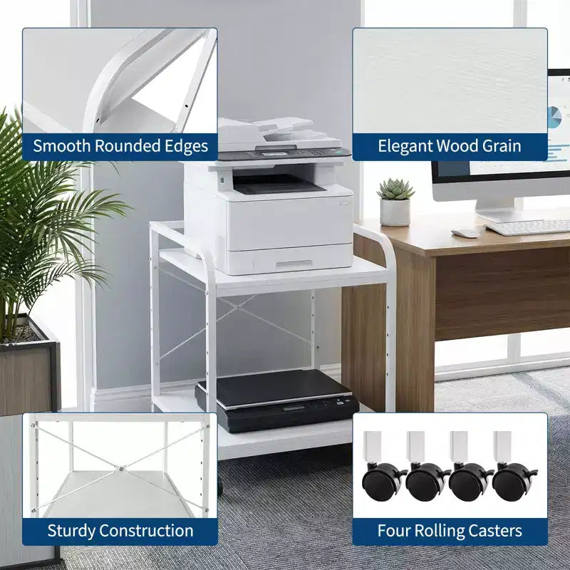 Supporto per stampante sotto scrivania, supporto per stampante a 2 livelli con ripiano portaoggetti regolabile in altezza, carrello per stampante profondo e grande da 20" con ruote per l'home office