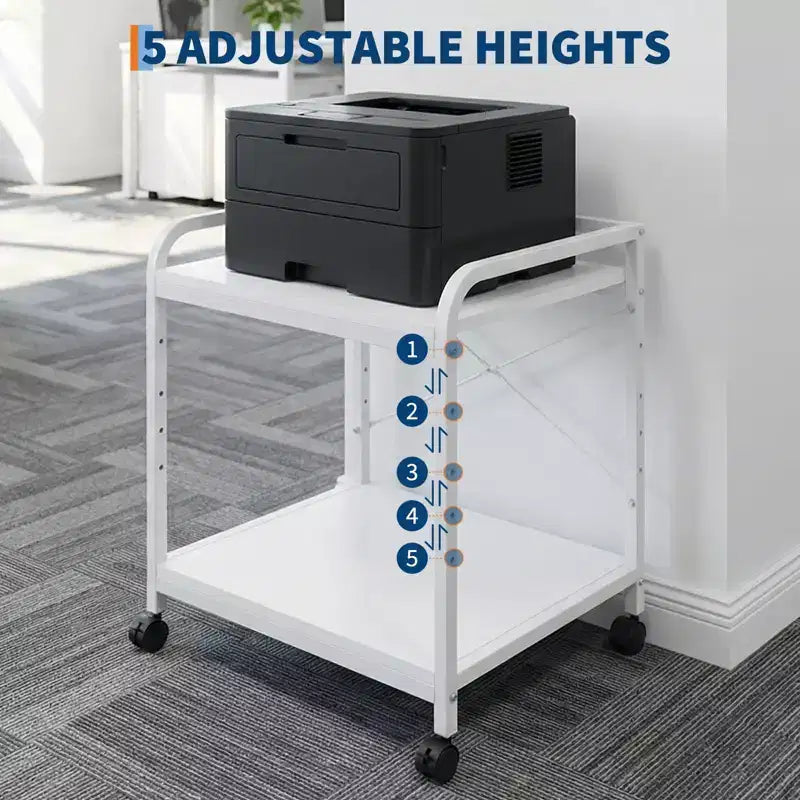 Supporto per stampante sotto scrivania, supporto per stampante a 2 livelli con ripiano portaoggetti regolabile in altezza, carrello per stampante profondo e grande da 20" con ruote per l'home office
