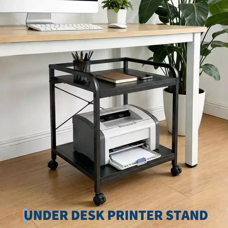 Supporto per stampante sotto scrivania, supporto per stampante a 2 livelli con ripiano portaoggetti regolabile in altezza, carrello per stampante profondo e grande da 20" con ruote per l'home office