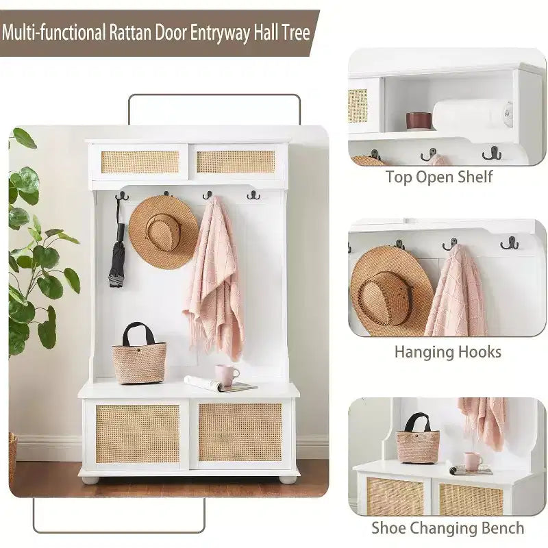 Albero da ingresso con panca, organizzatore da ingresso in stile casual con scarpiera con anta in rattan, gambe in legno massello, 40.16x18.58x64.17in, per ingresso e ripostiglio
