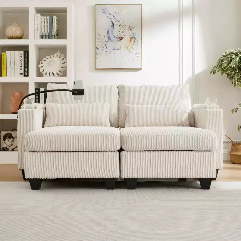 Divano letto convertibile Chaise Loveseat in velluto a coste con porte e due portabicchieri per soggiorno, Beige