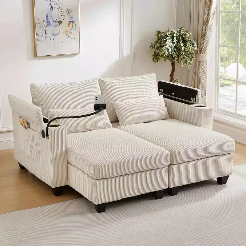 Divano letto convertibile Chaise Loveseat in velluto a coste con porte e due portabicchieri per soggiorno, Beige