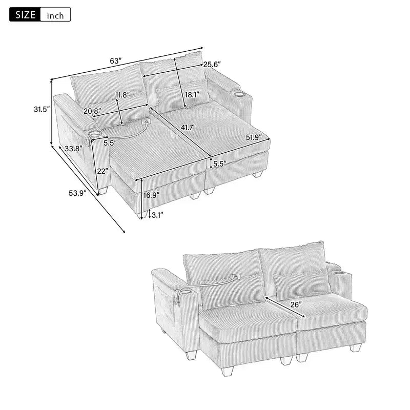Divano letto convertibile Chaise Loveseat in velluto a coste con porte e due portabicchieri per soggiorno, Beige