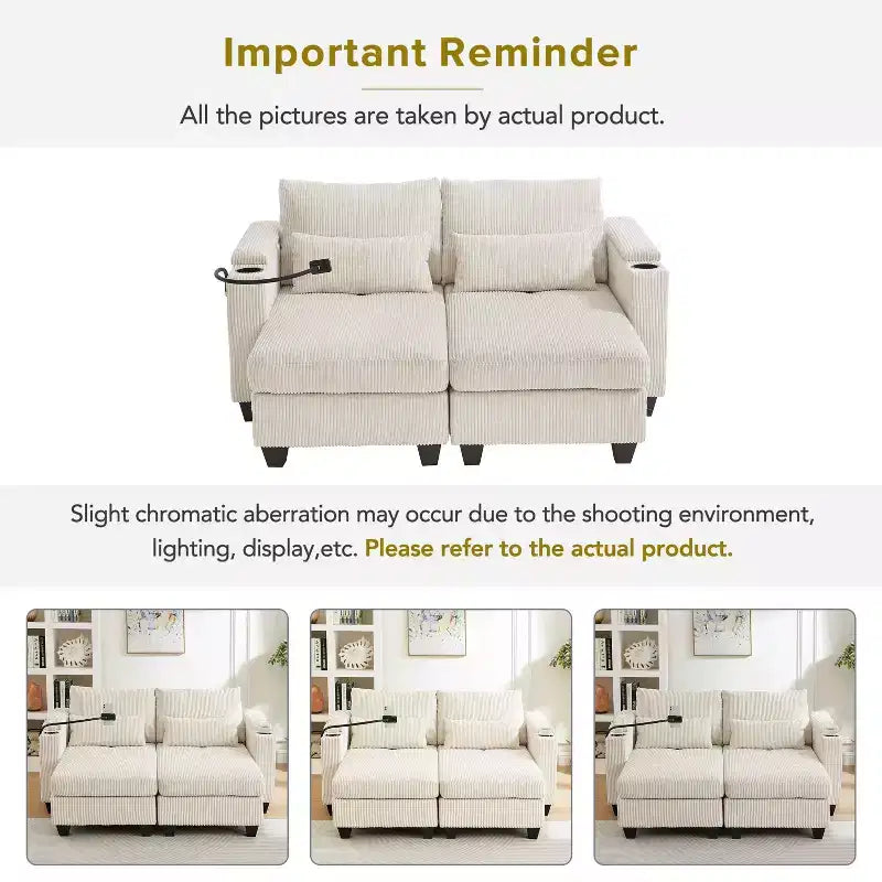 Divano letto convertibile Chaise Loveseat in velluto a coste con porte e due portabicchieri per soggiorno, Beige