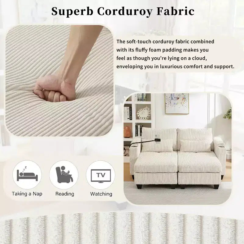 Divano letto convertibile Chaise Loveseat in velluto a coste con porte e due portabicchieri per soggiorno, Beige