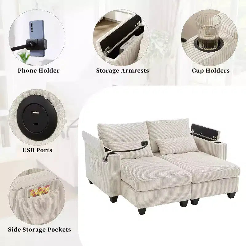 Divano letto convertibile Chaise Loveseat in velluto a coste con porte e due portabicchieri per soggiorno, Beige