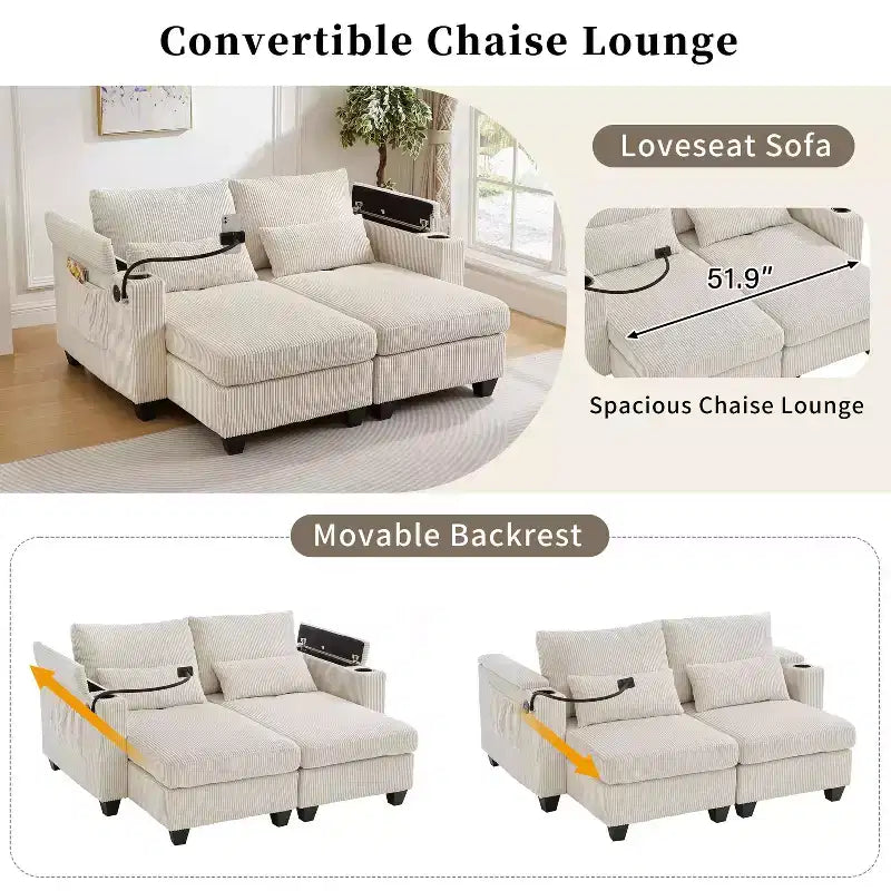 Divano letto convertibile Chaise Loveseat in velluto a coste con porte e due portabicchieri per soggiorno, Beige