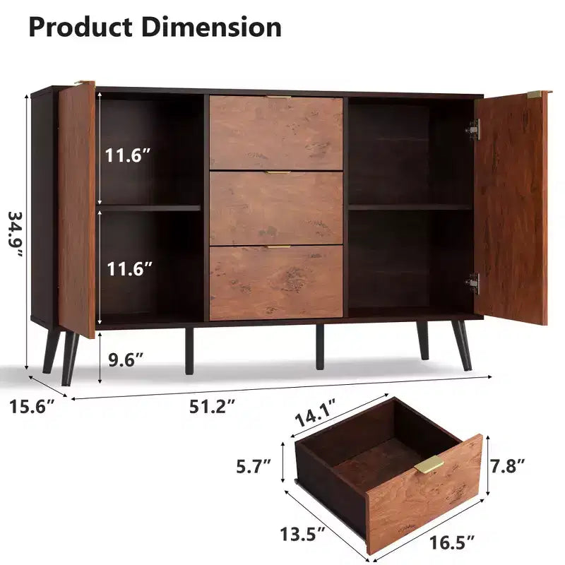 51,2 Mobile credenza a buffet in noce con cassetti - Credenza Mid-Century per sala da pranzo e ingresso