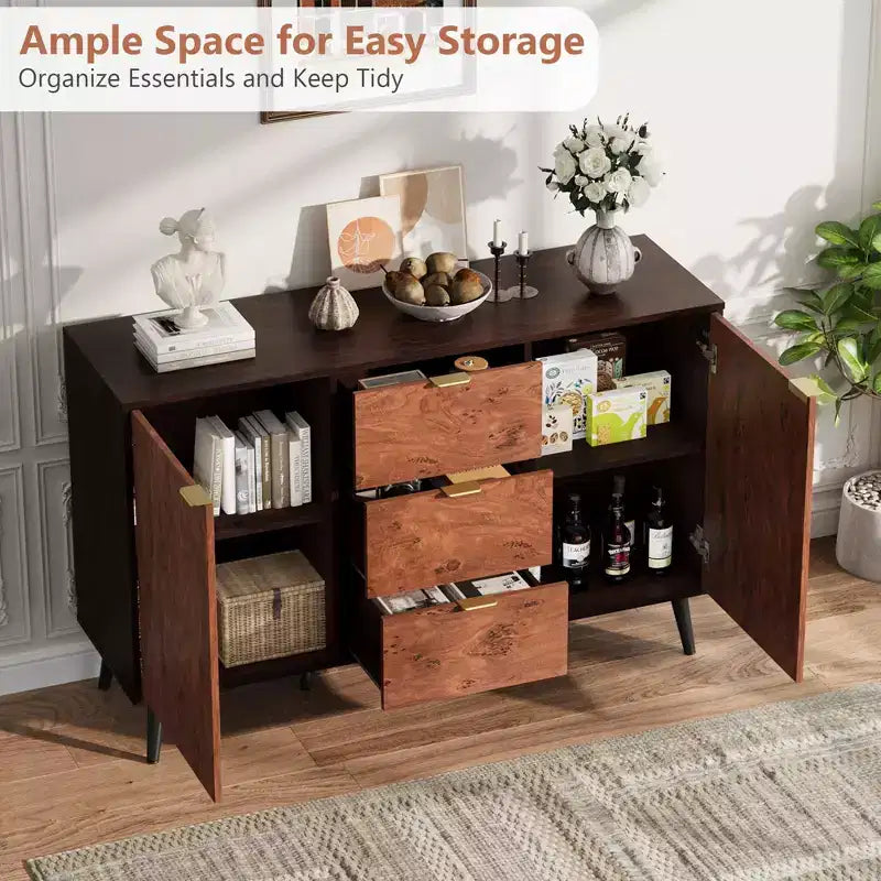 51,2 Mobile credenza a buffet in noce con cassetti - Credenza Mid-Century per sala da pranzo e ingresso