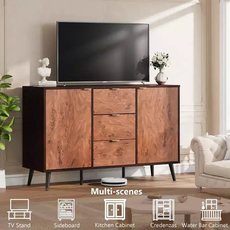 51,2 Mobile credenza a buffet in noce con cassetti - Credenza Mid-Century per sala da pranzo e ingresso