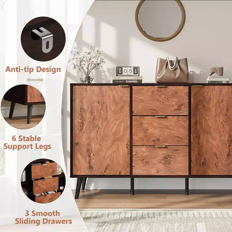51,2 Mobile credenza a buffet in noce con cassetti - Credenza Mid-Century per sala da pranzo e ingresso