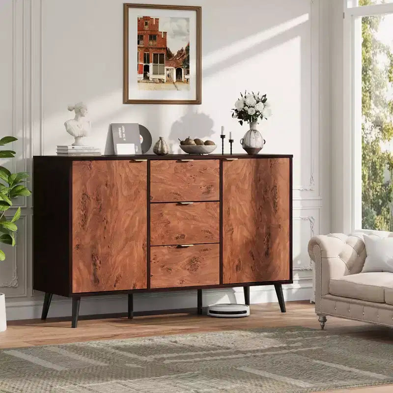 51,2 Mobile credenza a buffet in noce con cassetti - Credenza Mid-Century per sala da pranzo e ingresso