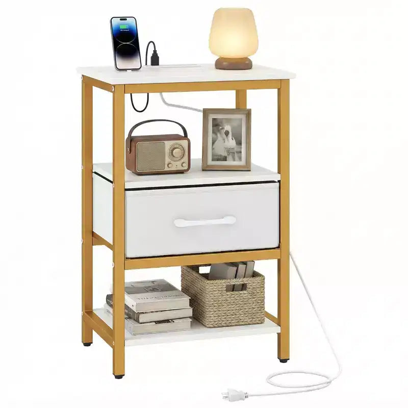 Costway Nightstand w/Charging Station Fabric Drawer & Open Storage Shelves Metal Frame